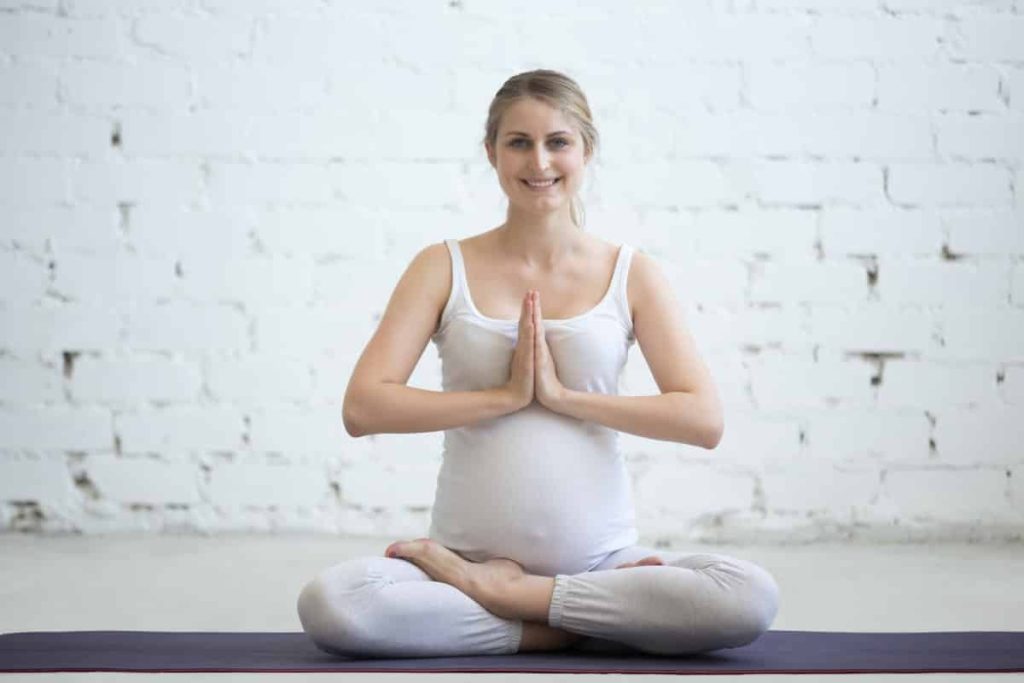 Pregnant Young Woman Sitting Prenatal Yoga Prayer Position 1 1024x683